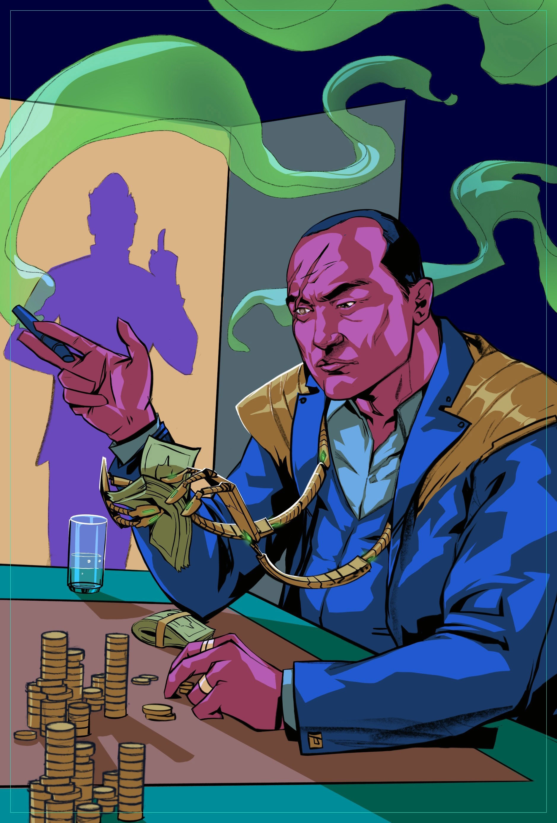 A man with a scar over one eye and a cigar in his hand sat at a gambling table with notes, coins and a drink stacked up in front of him. Two slender mechanical arms extend from inside his jacket and hold a wad of cash.