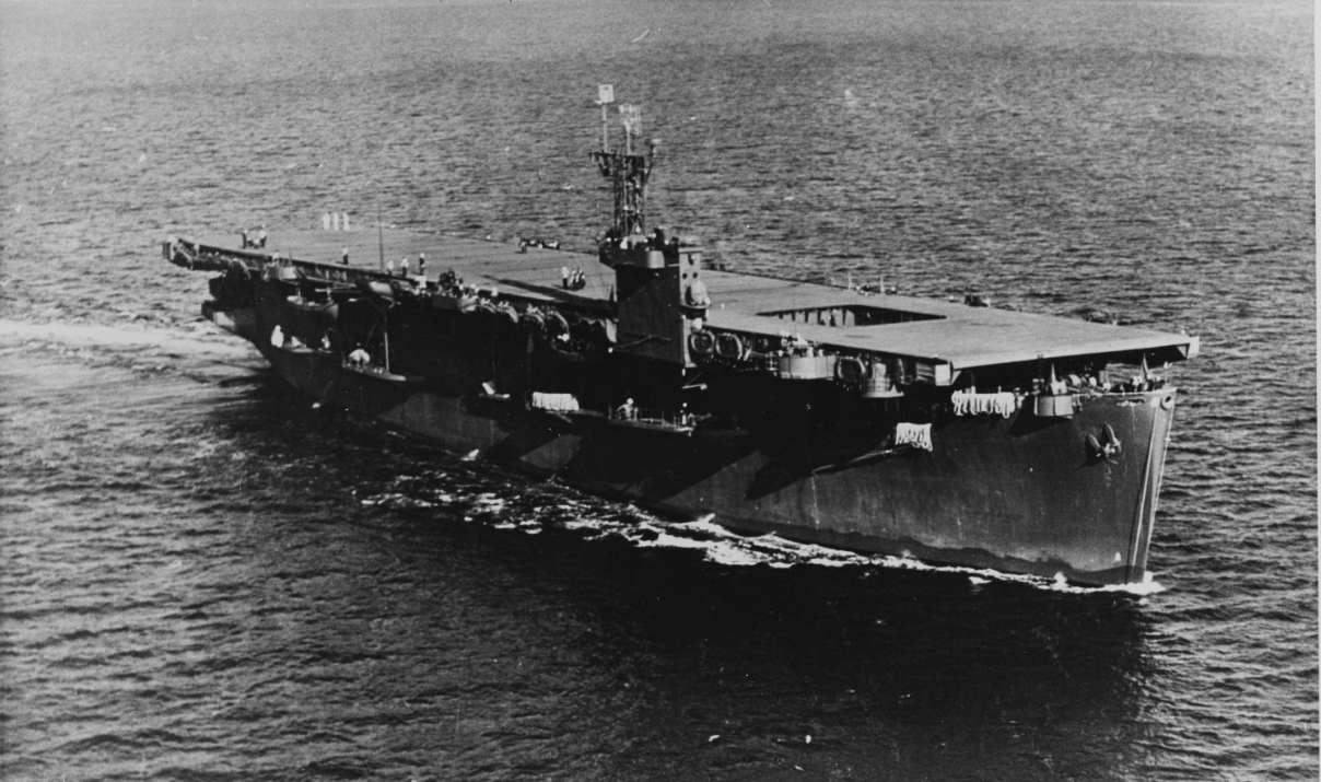 The escort carrier USS Bogue sank its first of  eleven submarines in May 1943. (USNHHC)