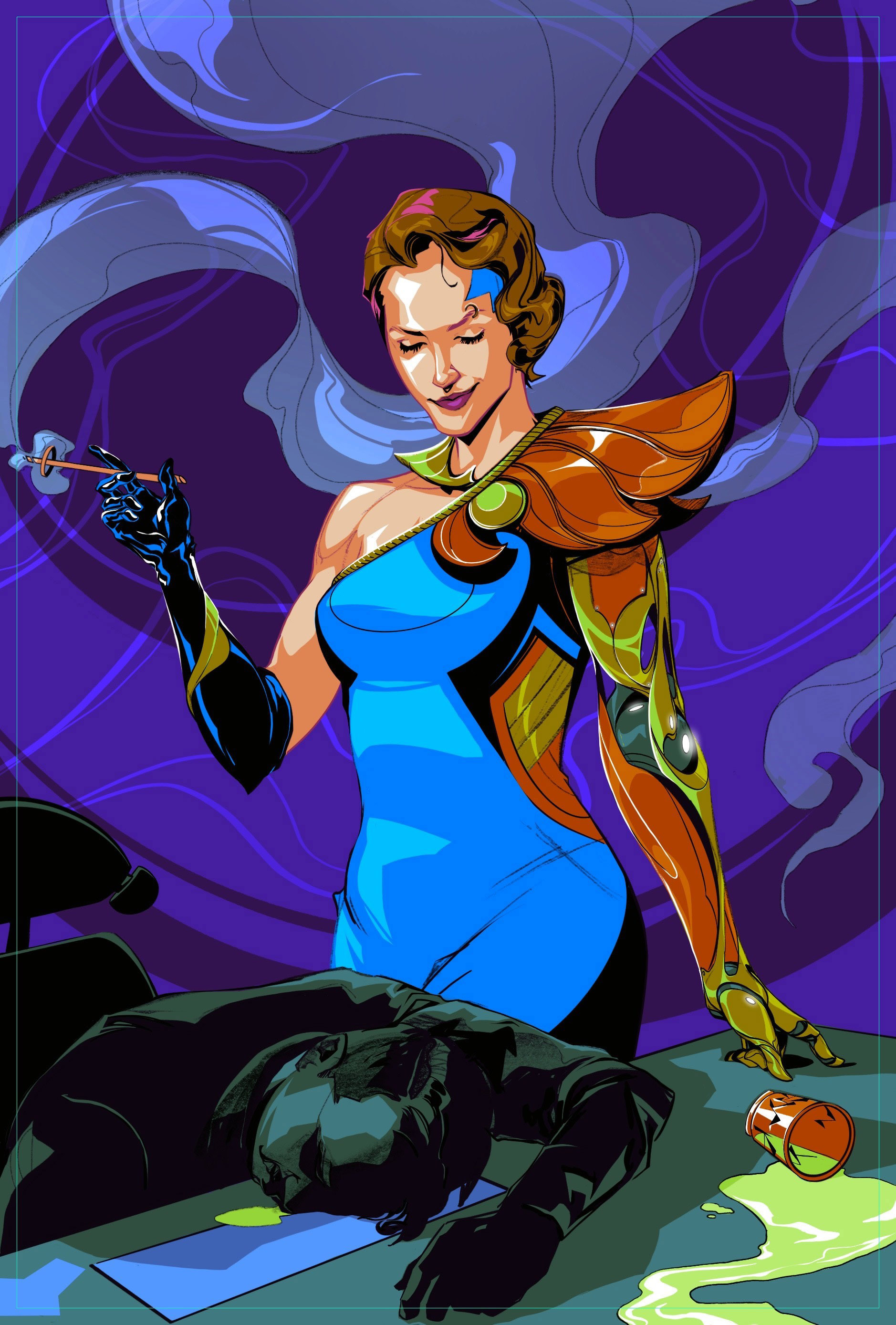 An illustration of a woman in a blue 1920s-style dress, with a cybernetic arm and smoking with a cigarette holder in the other, standing next to a person collapsed at a table alongside a spilled drink of an ominous green colour