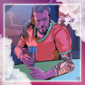 An illustration of a man with a cybernetic arm sat with a drink at a bar
