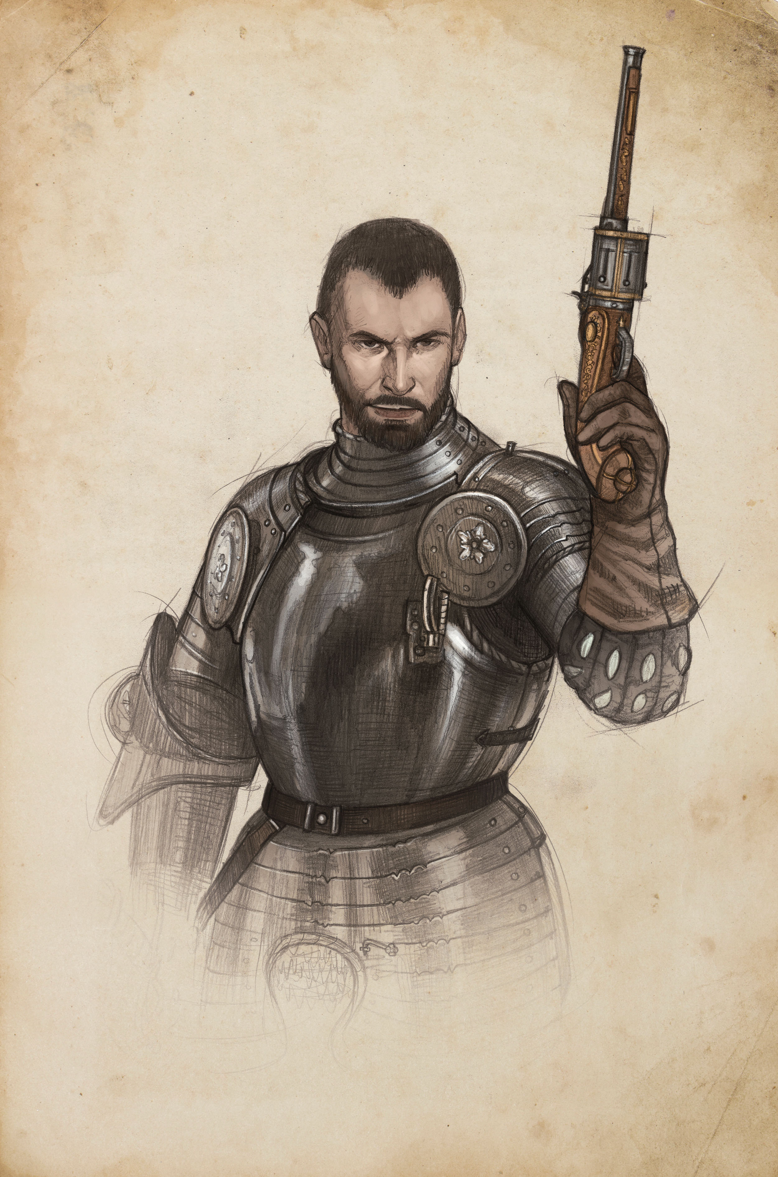 An illustration of an armoured man holding a flintlock pistol