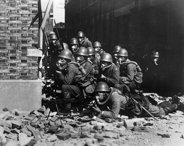 The Imperial Japanese Navy (IJN) Special Naval Landing Forces troops in gas masks 