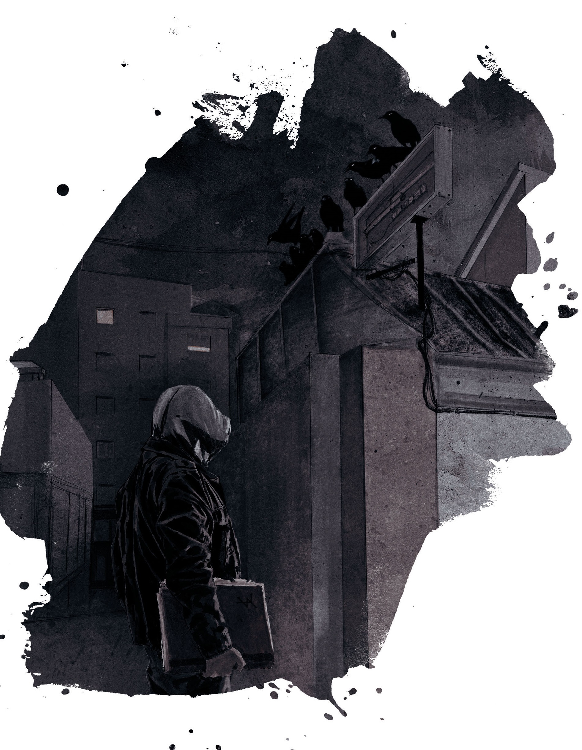 An illustration of a figure in a hoodie staring down a dark alley while ravens watch from overhead