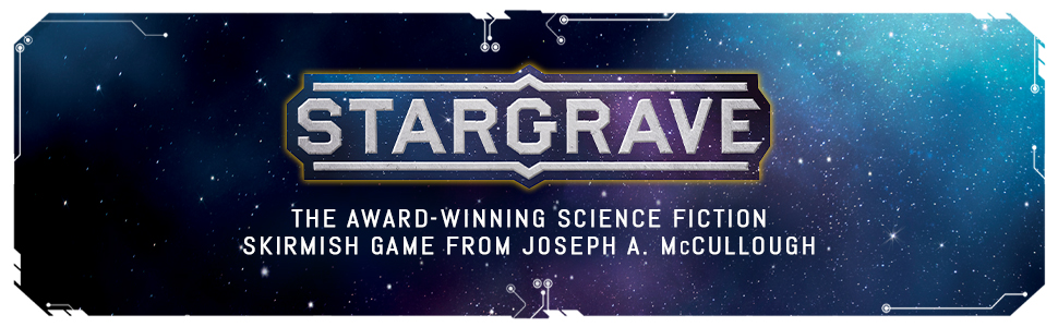 The Stargrave series header banner: the background is the dark of space patterned by stars and blue to purple nebulas; the title Stargrave is written in metallic-looking capitals above the words "The award-winning science fiction skirmish game from Joseph A. McCullough"