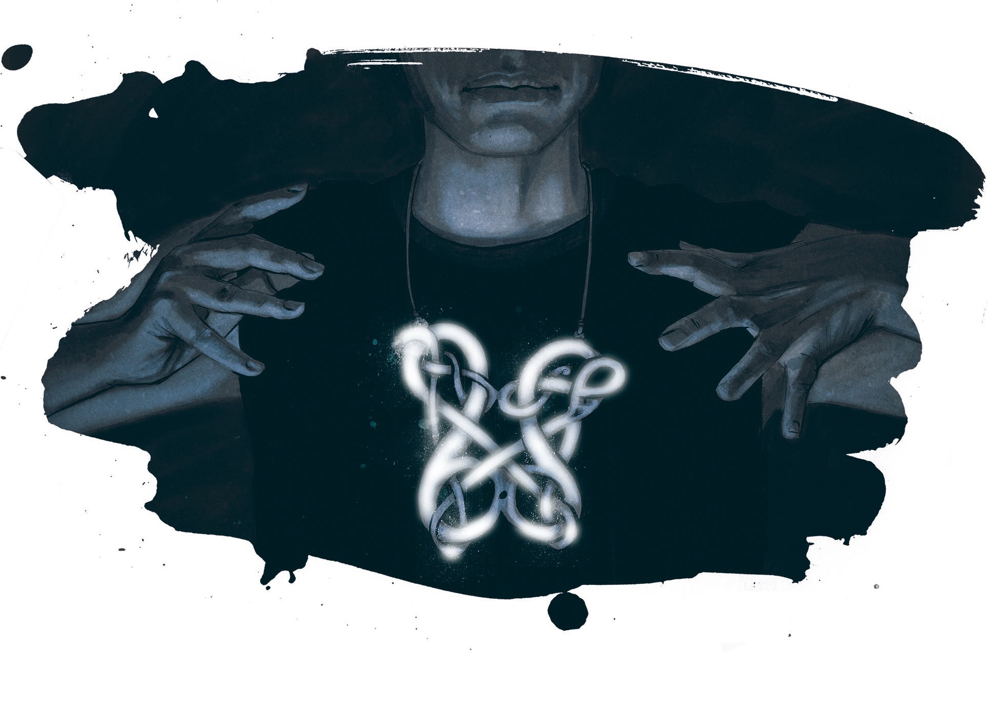 An illustration of someone making strange signs with their hands while an intricate necklace they are wearing glows