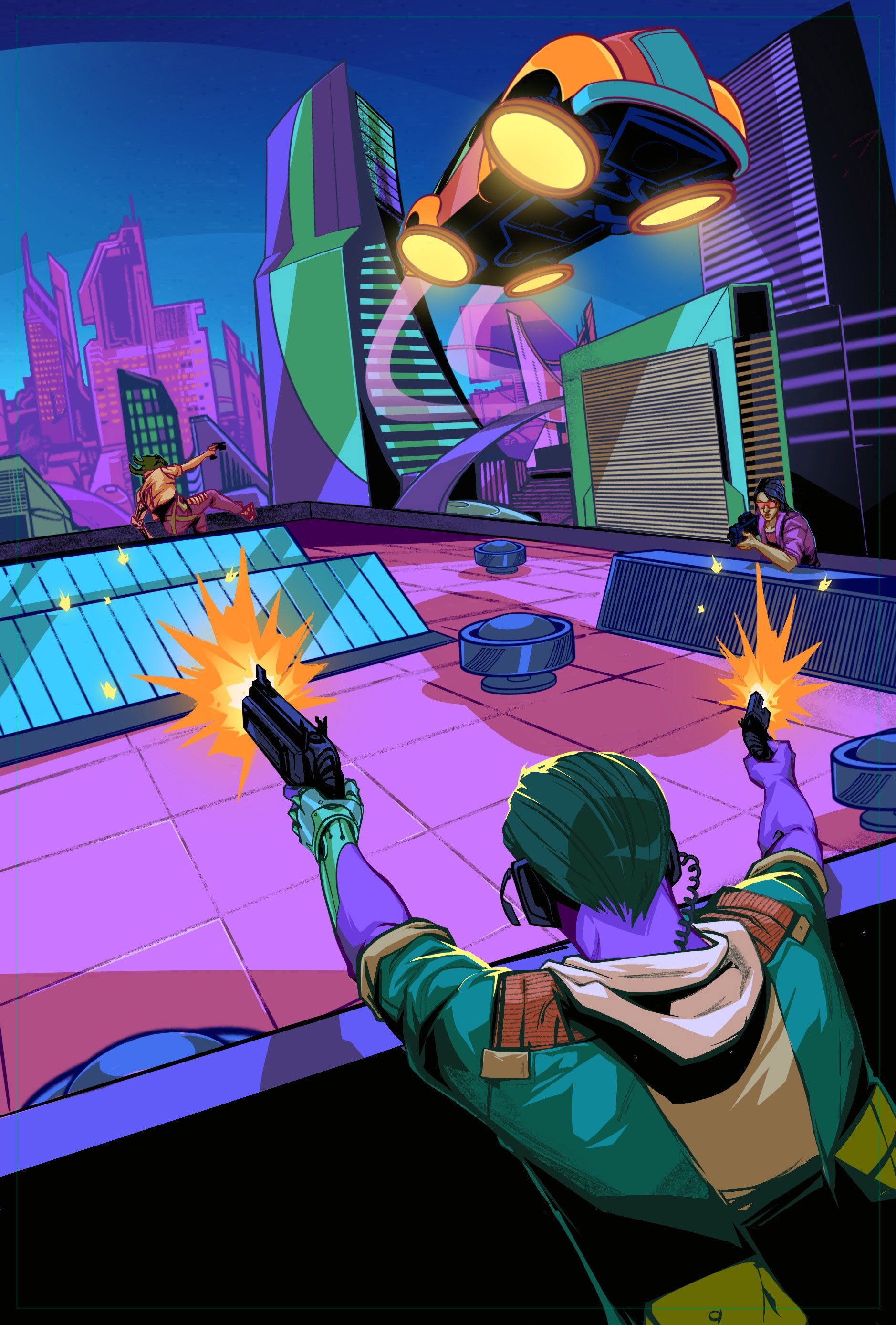 An illustration of three people engaged in a dynamic gunfight on the roof of a futuristic skyscraper while a flying car gets ready to land above