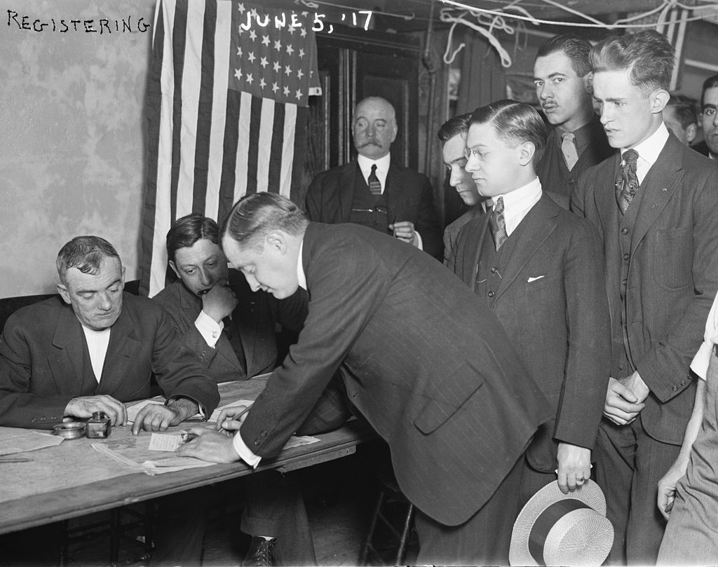 Young men registering for conscription during World War I