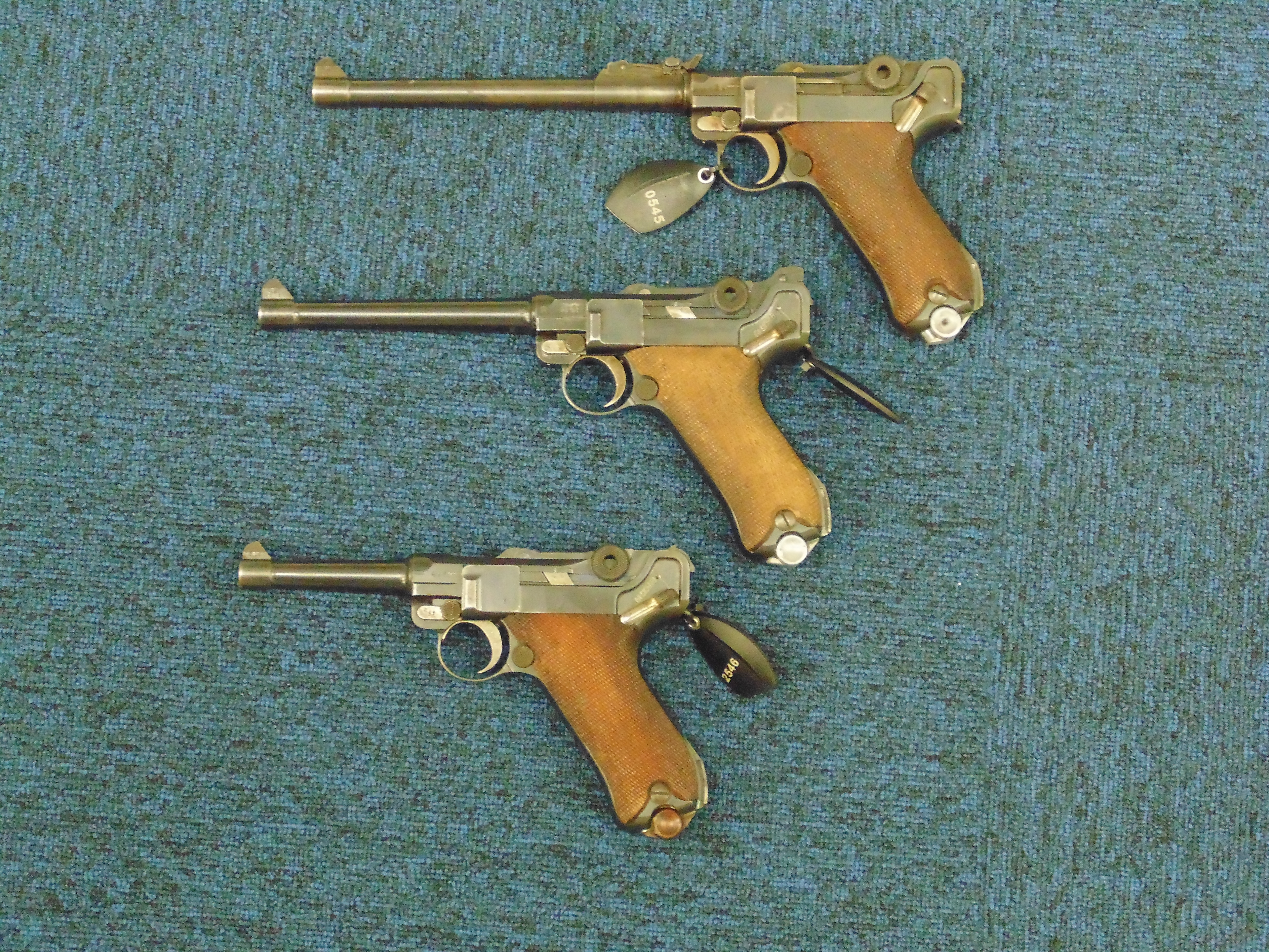 - German service Lugers - the 100mm P08, the 150mm Naval P04 and the 200mm Lange Pistol 08.