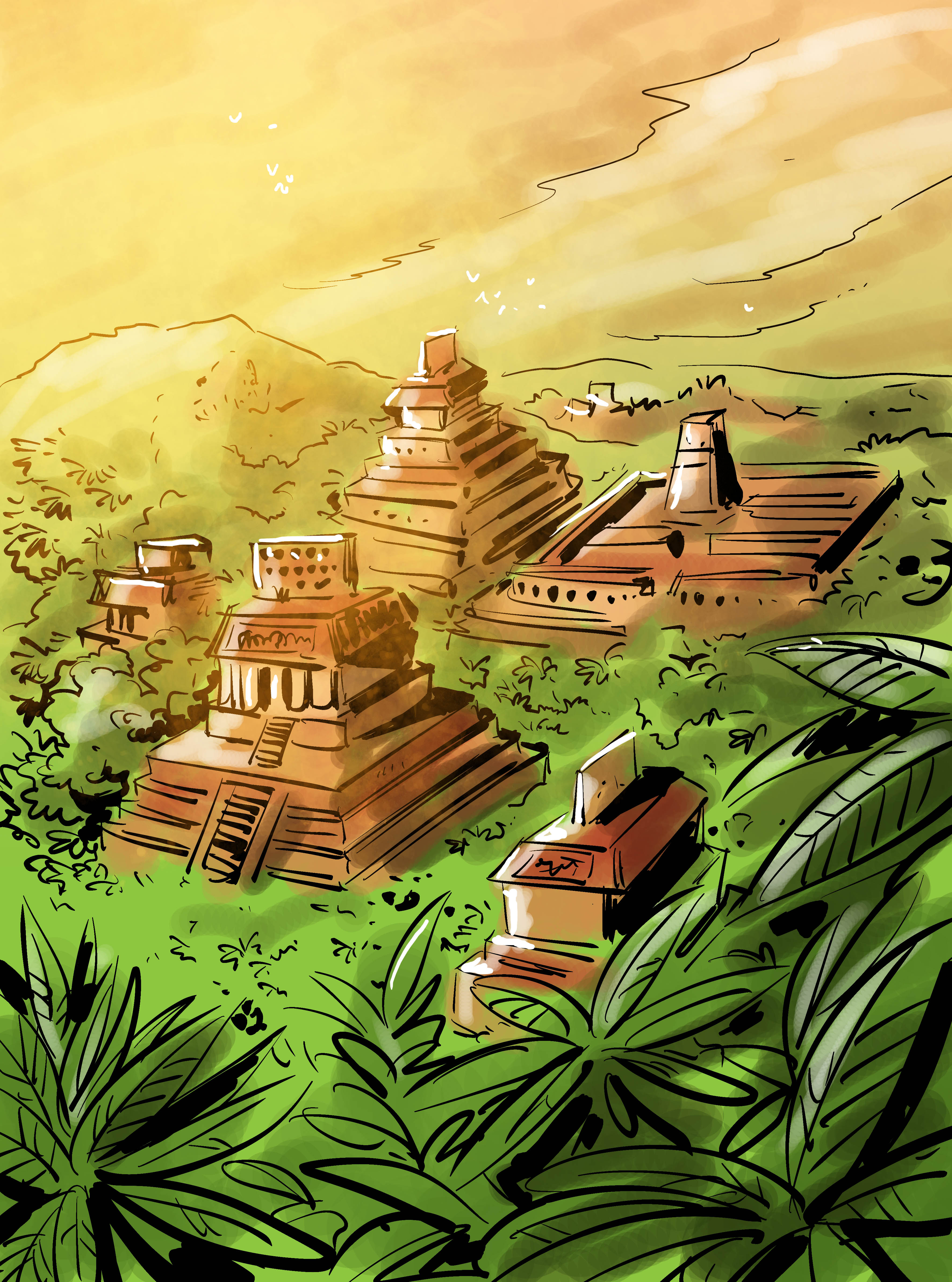 An illustration of historical buildings surrounded by jungle under shining sun