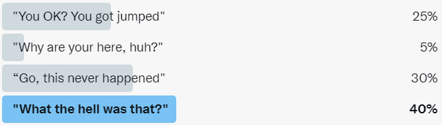 Screenshot of a Twitter poll showing the winning option as ""What the hell was that?""
