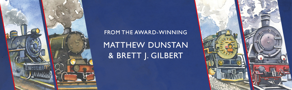 The Village Rails footer banner, reading "From the award-winning Matthew Dunstan and Brett J. Gilbert" with watercolour pictures of old-fashioned steam trains flanking the words on either side