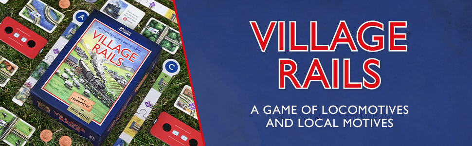 The Village Rails header banner, showing the game title above its tagline "A game of locomotives and local motives", beside a photograph of the box laid out on a field of grass surrounded by its various board and card components