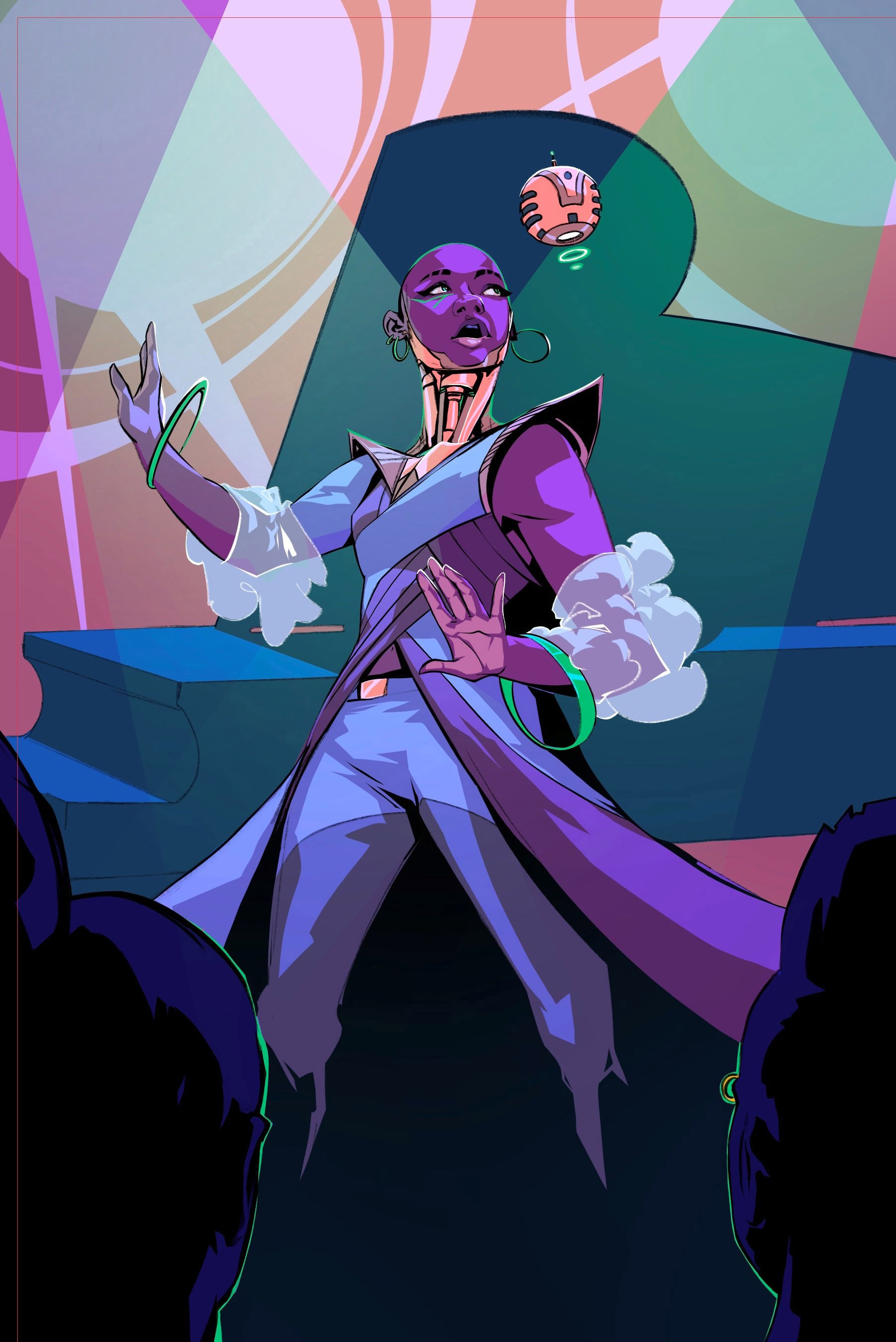 An illustration of a woman with a shaven head and elegant earrings and bracelets, stood in front off a grand piano on a stage before a packed audience; her neck is metallic and cybernetically enhanced, and a small circular machine hovers beside her head.