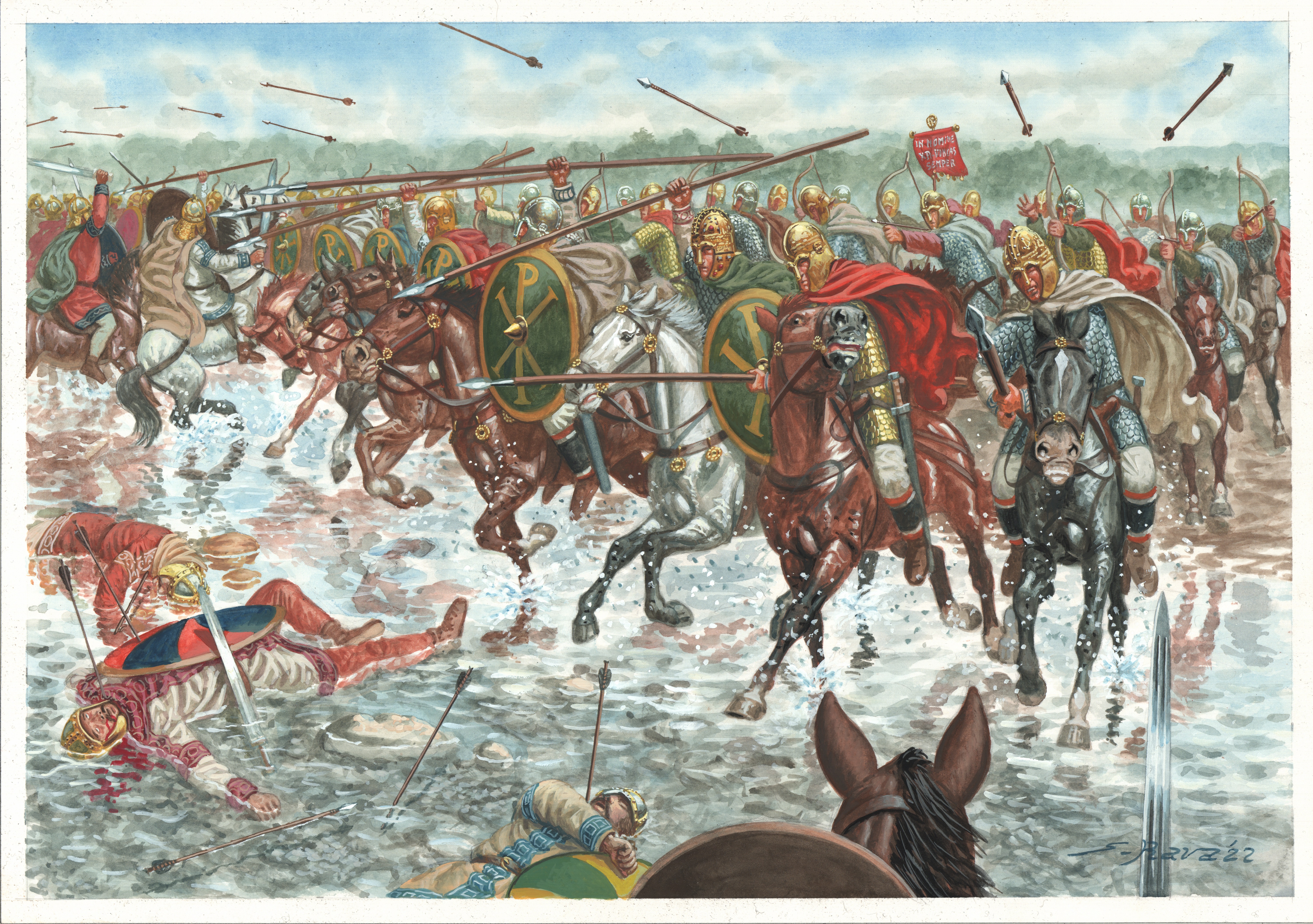 Artwork depicting the final charge at Tricamarum