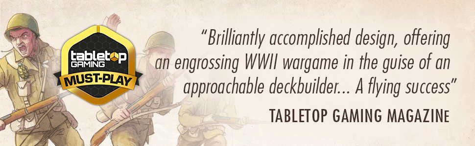 A footer banner with an illustration of charging US WW2 troops under a Tabletop Gaming Magazine Must-Play badge and the quote: "Brilliantly accomplished design, offering an engrossing WWII wargame in the guise of an approachable deckbuilder... A flying success".