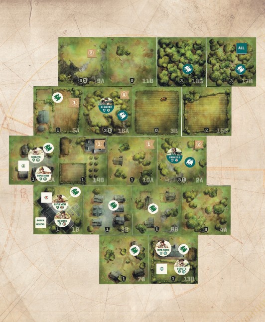 A picture of the board set-up for promo scenario 17 for Undaunted: Normandy, showing a large number of allied units arrayed in the south while two units of German machine gunners hold the north.