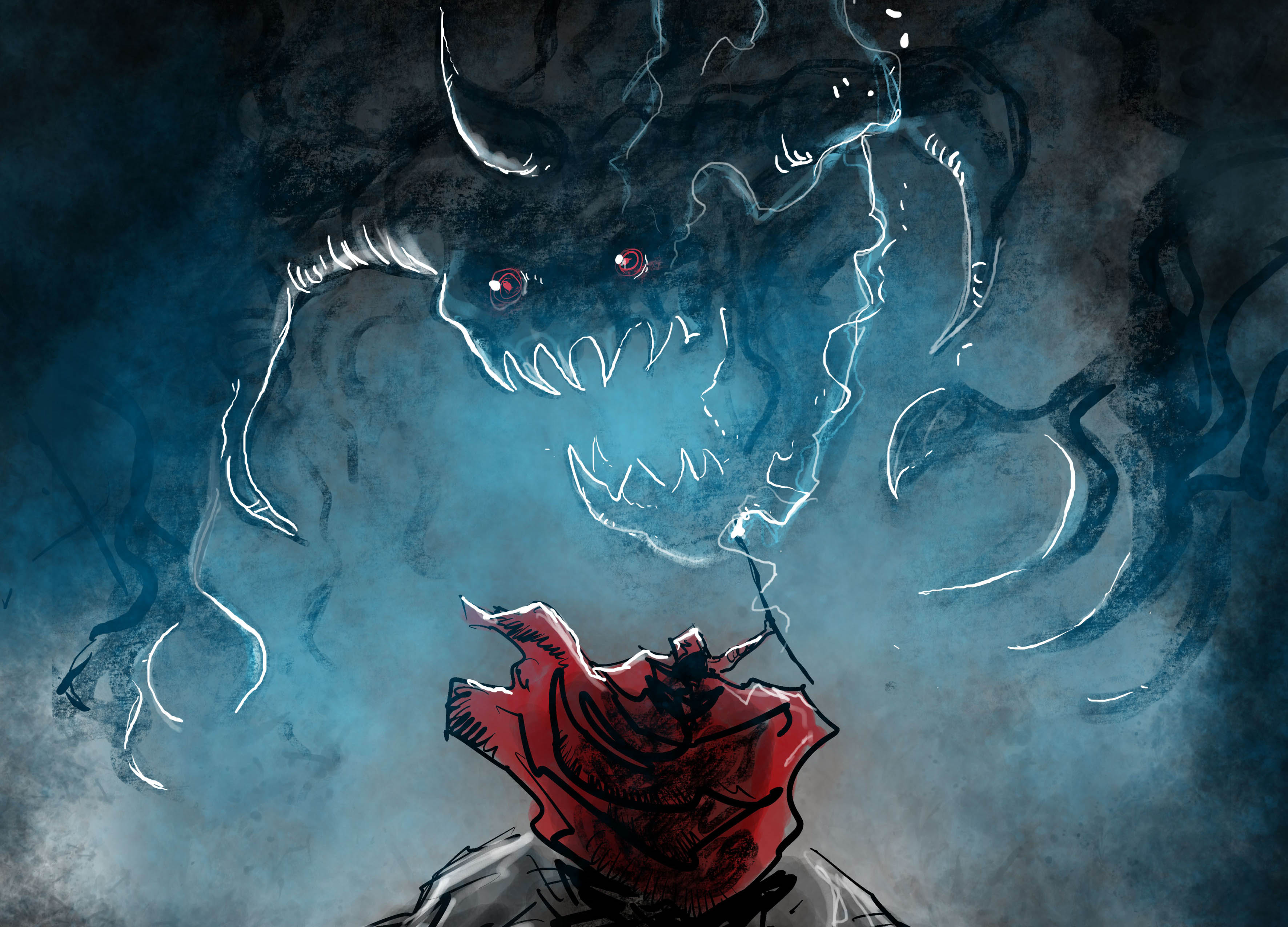 An illustration of a red-cloaked figure performing a ritual on top of a mountain as the clouds form into a monstrous being above