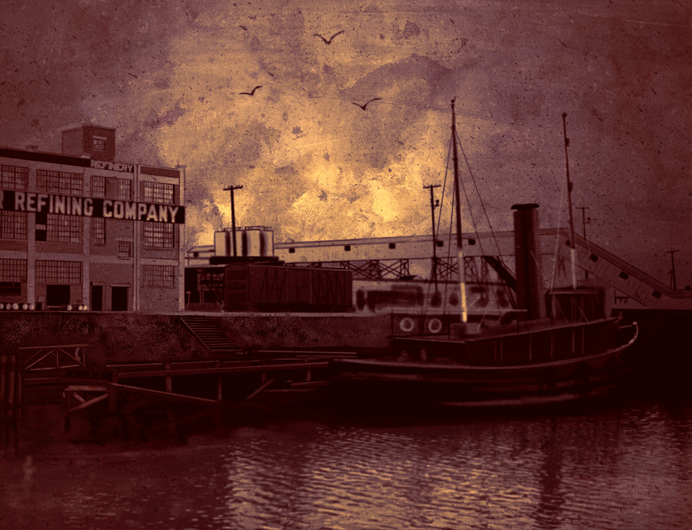 An illustration of a waterfront, with a boat moored in front of a building marked "Refining Company". Birds fly overhead and the light is red and dusky.