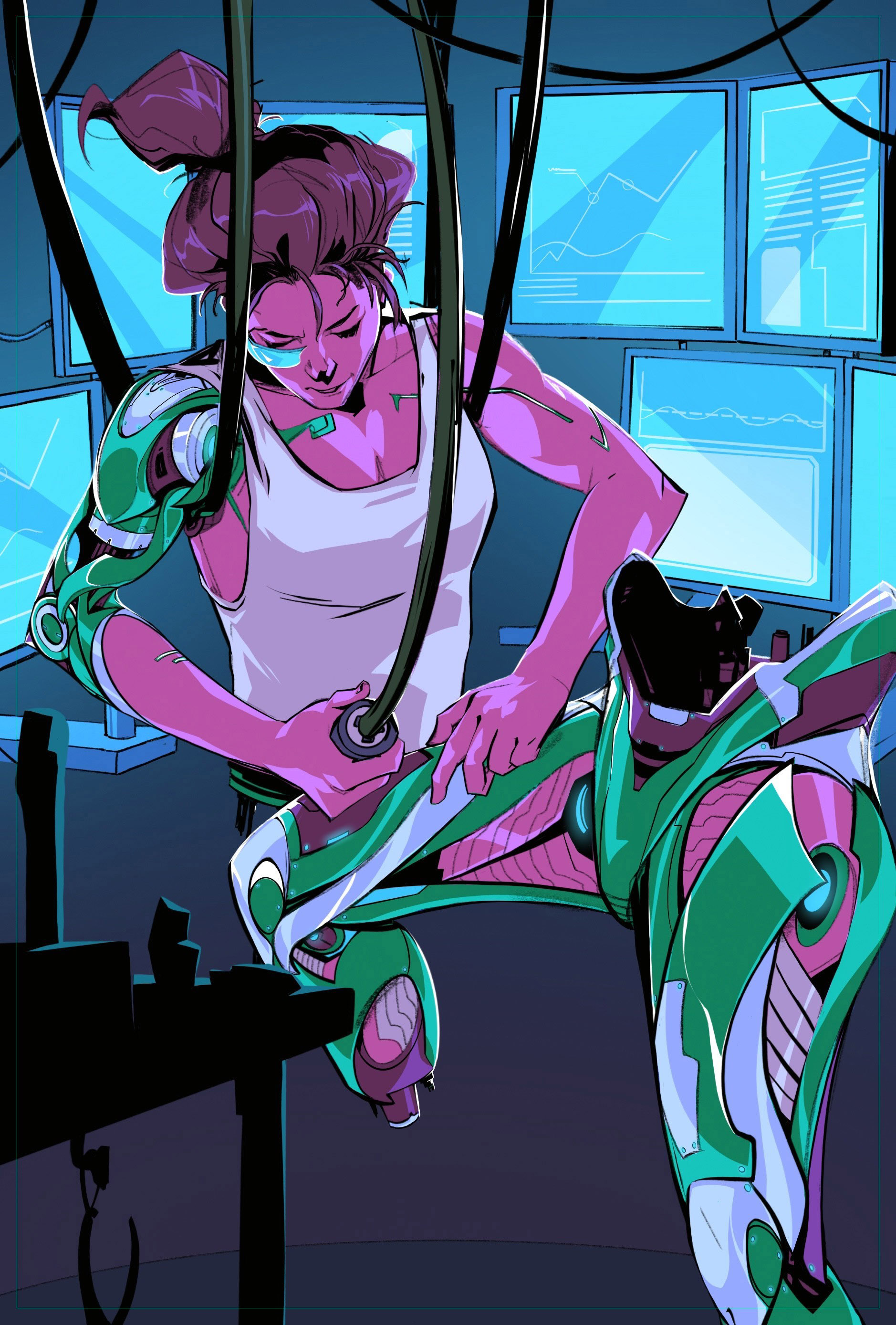 An illustration of a woman in a vest with a cybernetic arm suspended from cables as she works on her currently detached mechanical legs.