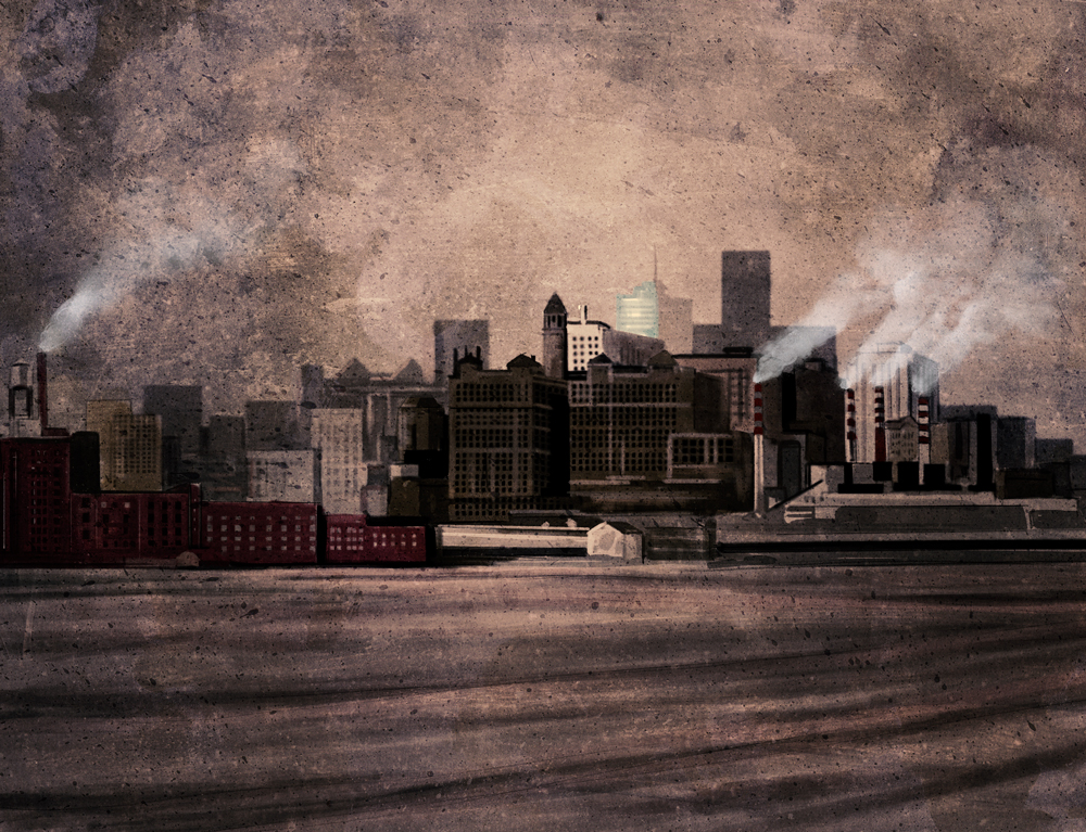 An illustration of a mid-20th-century cityscape in dark tones under a bleak sky.