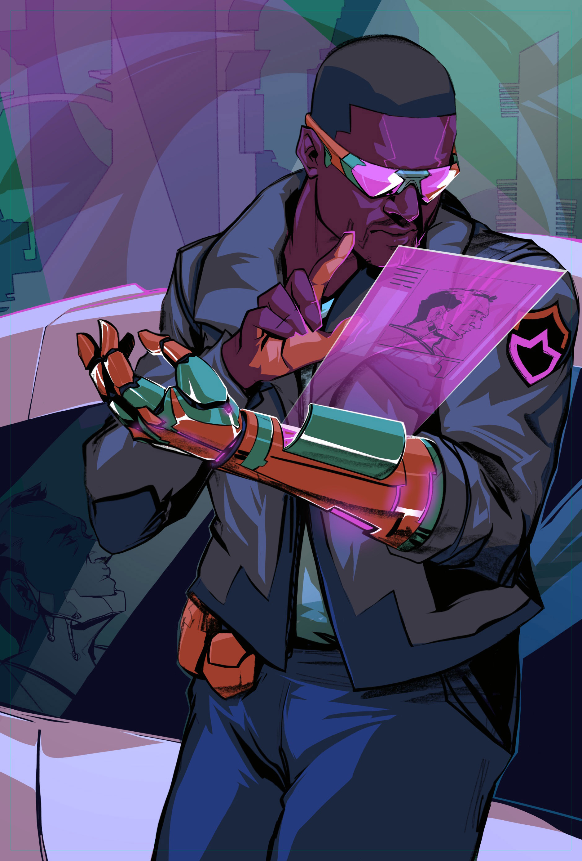 A man in a jacket with a police badge on the shoulder inspecting some data on a holographic tablet. He wears brightly-coloured, close-fitting shades and one of his hands is metallic and cybernetic.