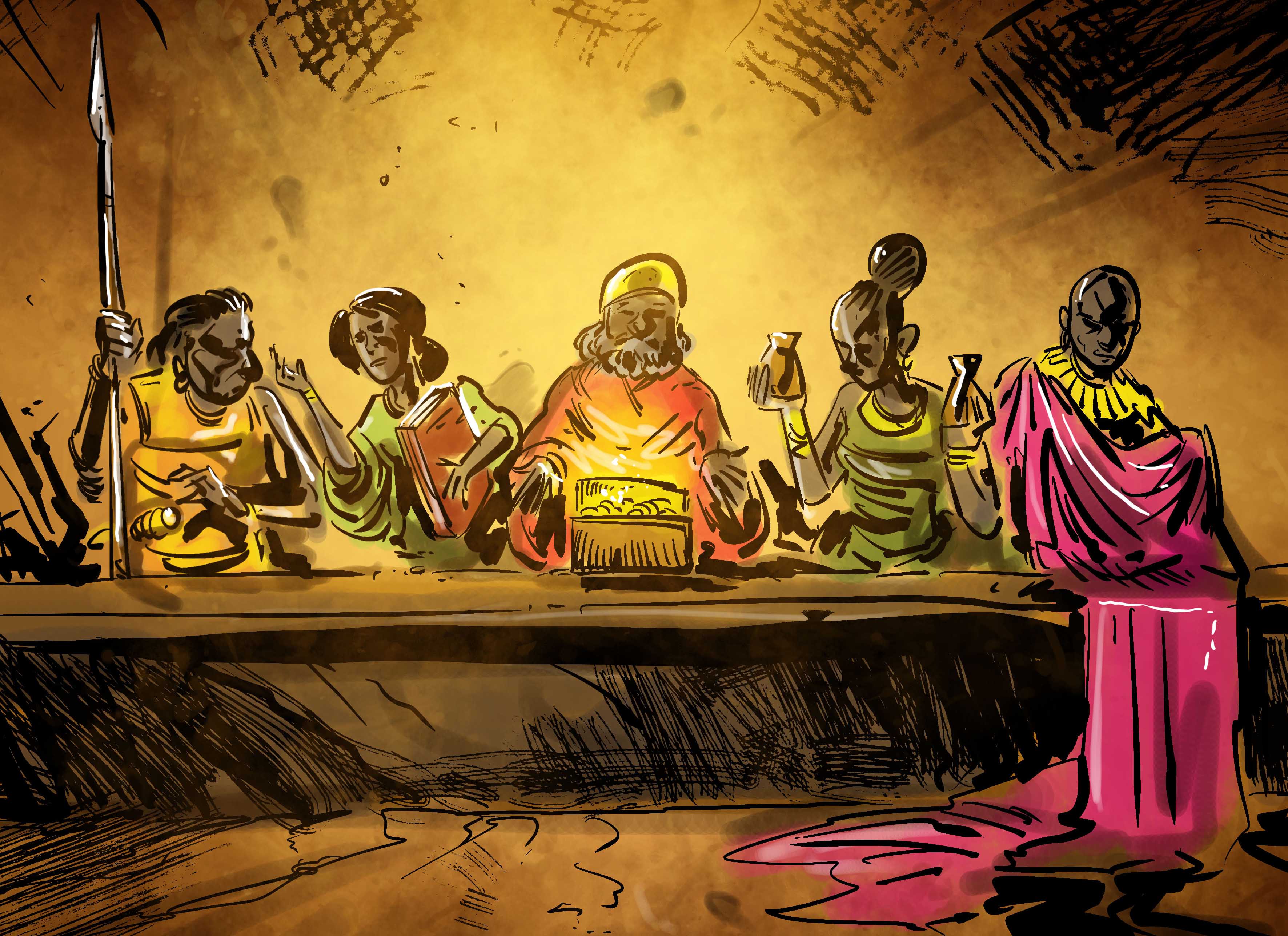 An illustration of a group of richly dressed Aksumites seated behind a long table