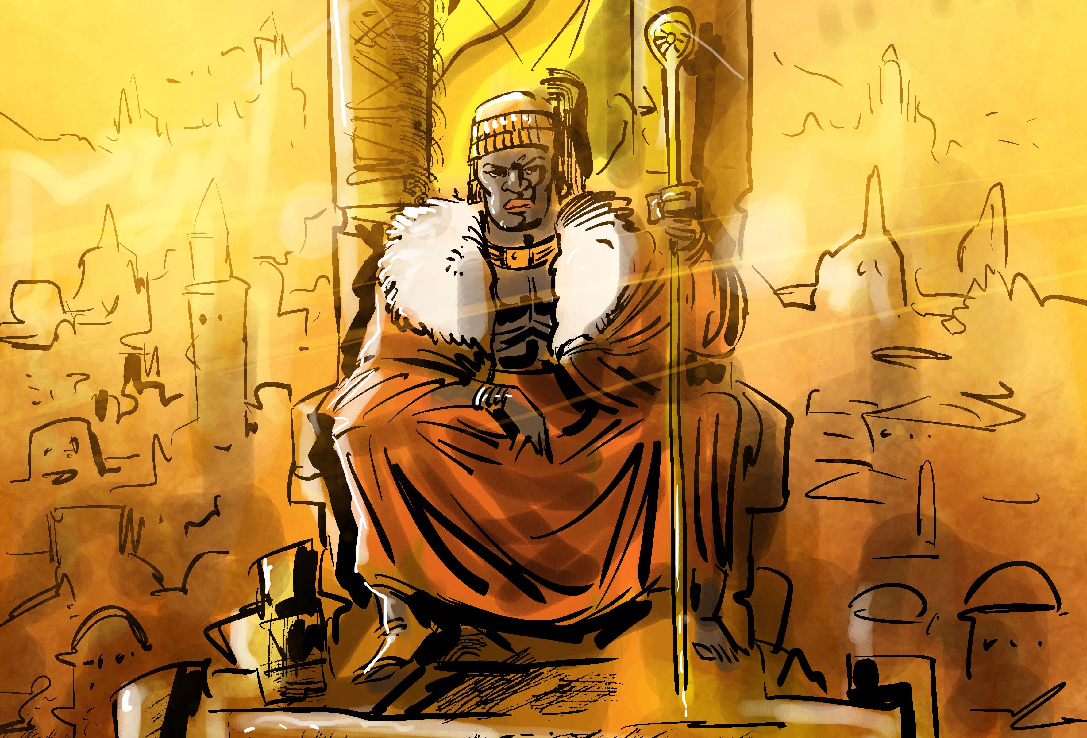 An illustration of the ruler of Wagadou seated on an imposing throne and holding a golden staff