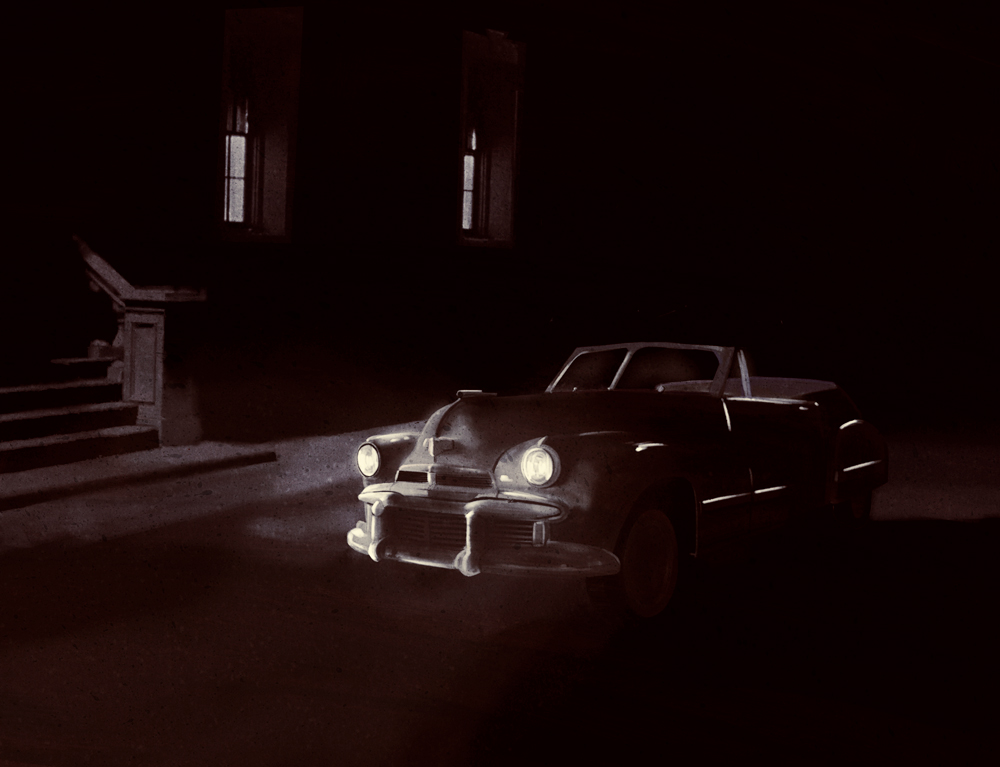 An illustration of a classic car with its headlights glaring driving through a shadowy street by night