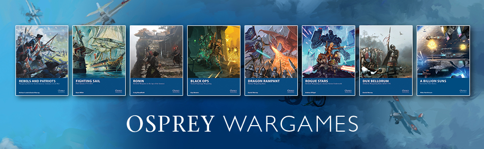 Osprey Wargames Series header banner, with a wide range of book covers displayed ranging from historical to sci-fi and fantasy