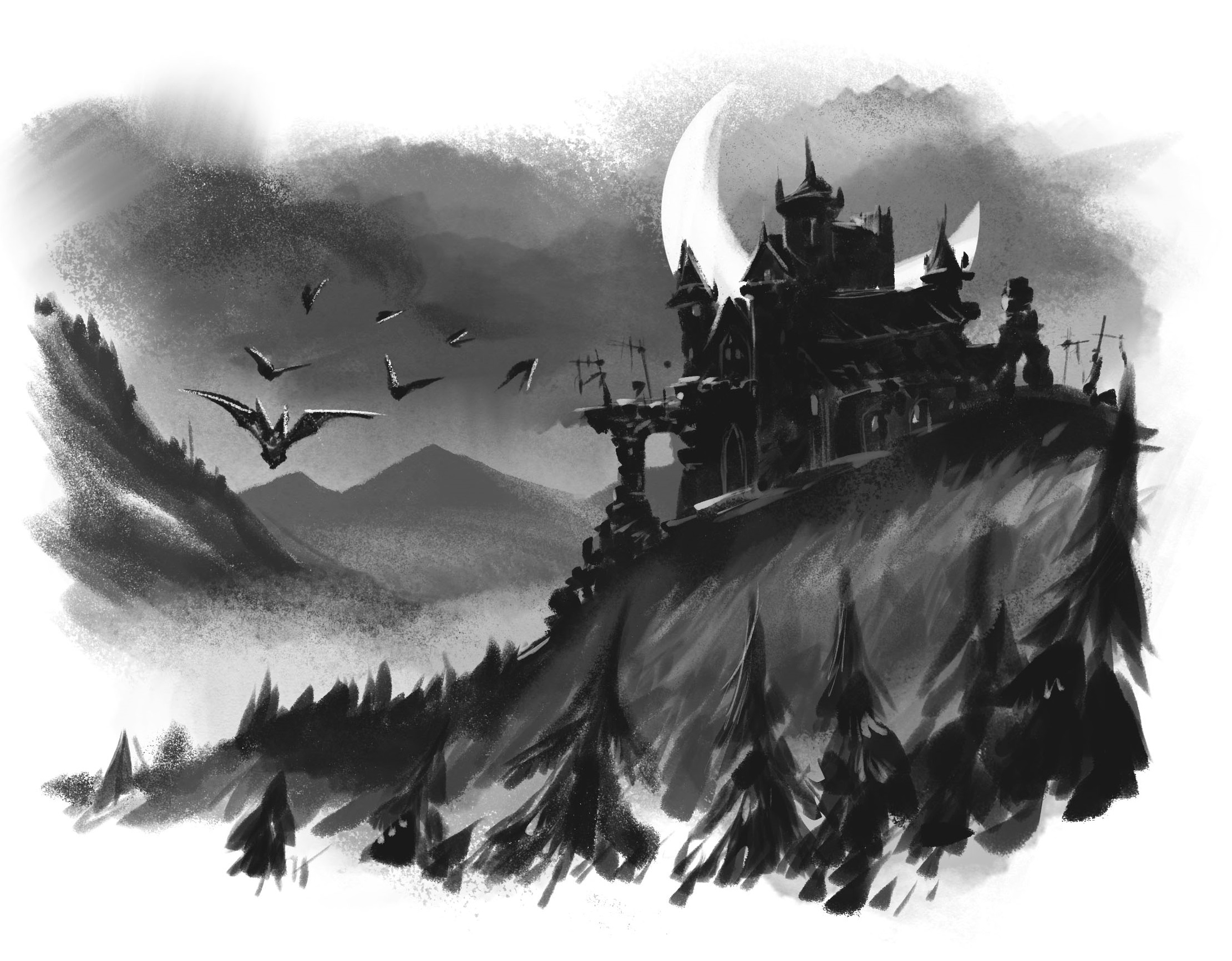 A black-and-white illustration of an ominous mountaintop castle under a crescent moon. It is surrounded by pine forest and a swarm of bats is flying in the air.